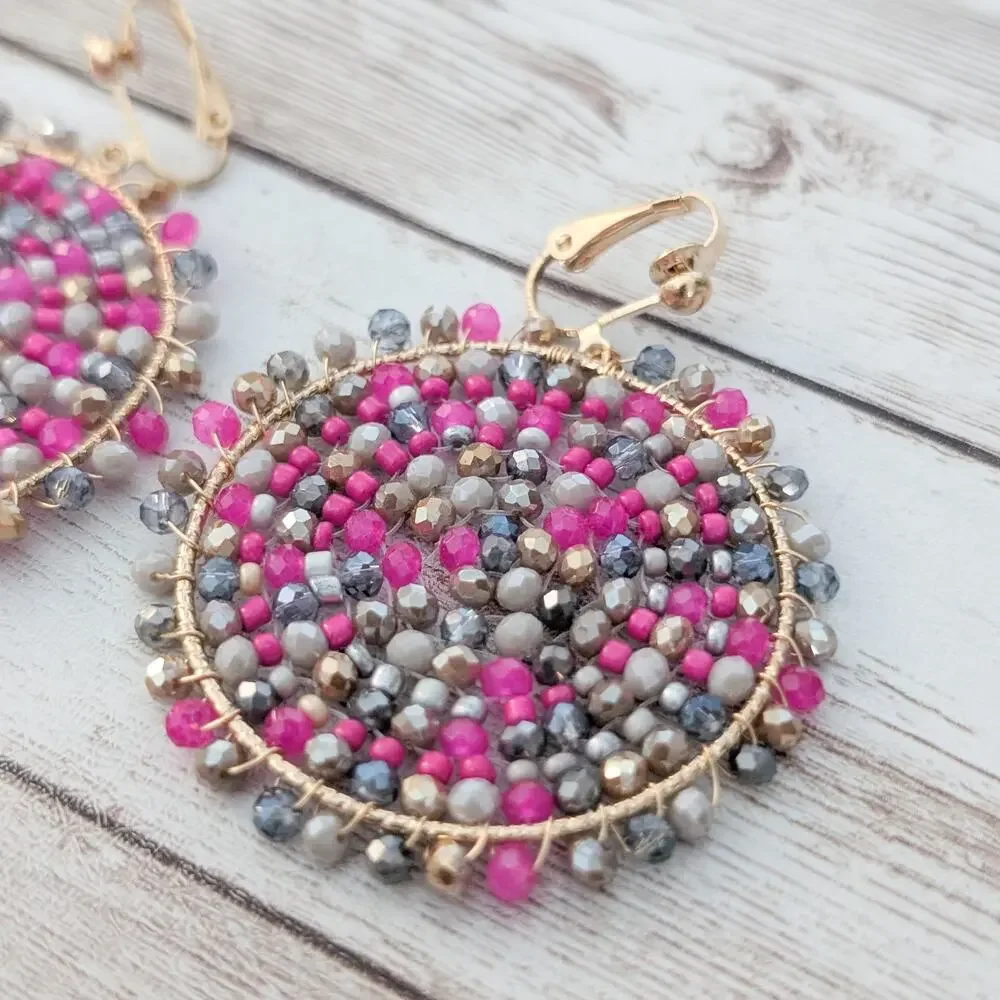 Vintage Clip On Earrings Pink & Purple Tones Extra Large Dangle Really Pretty